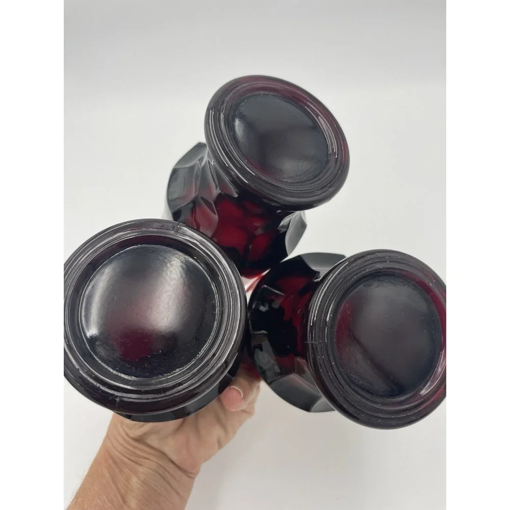 Vtg Set 3 Georgian Dark Ruby Red 8 oz Glass Glasses‎ Cups Drinking 4.25